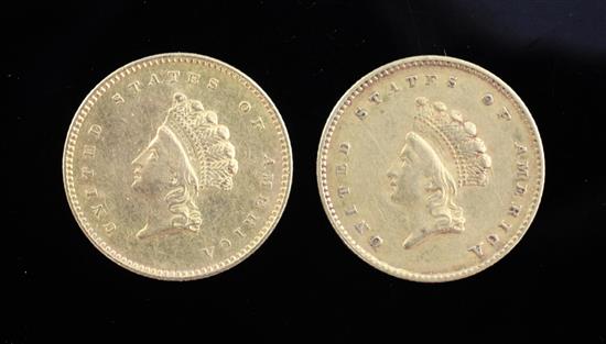 Two United States of America one dollar gold coins, 3.3g (total)